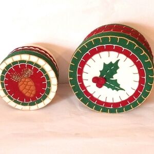 Set Of 2 Keepsake Gift Boxes Holiday Christmas Round Embroidery
